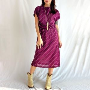 Vintage 1980s Purple Metallic Striped Short Sleeve Dress Size Medium